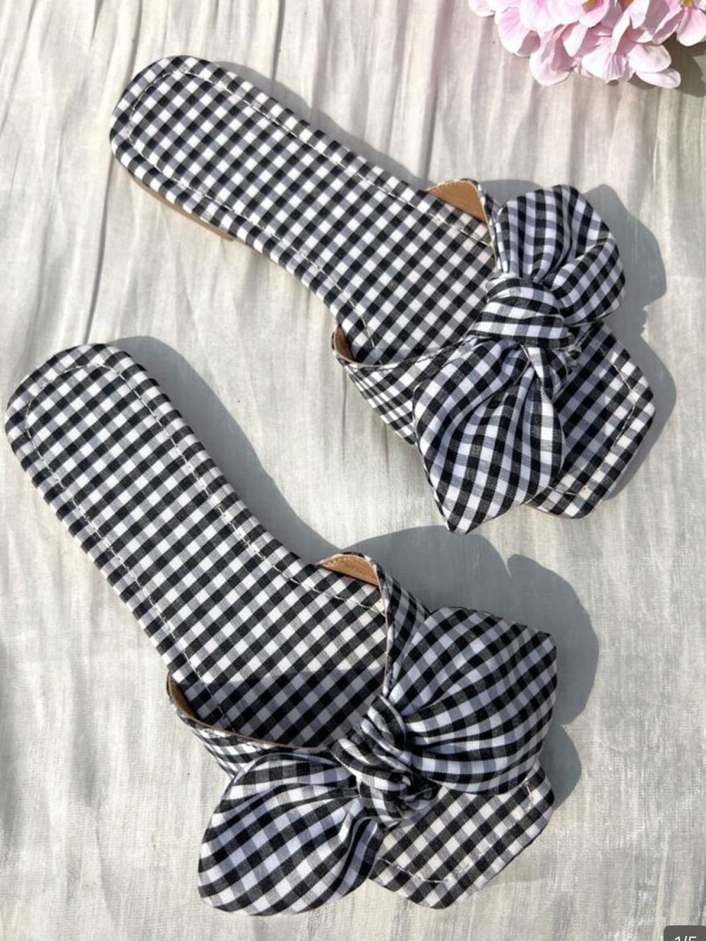 Black & White Gingham Bow Slide Sandals